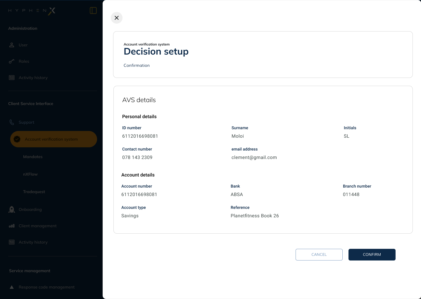 AVS decision setup confirmation screen showing personal details, account details and confirm action