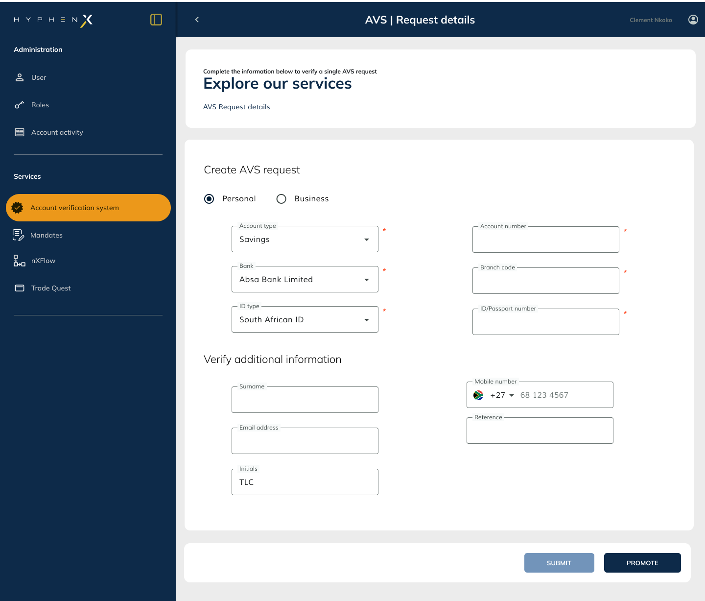 AVS create new verification record form within HyphenX design language