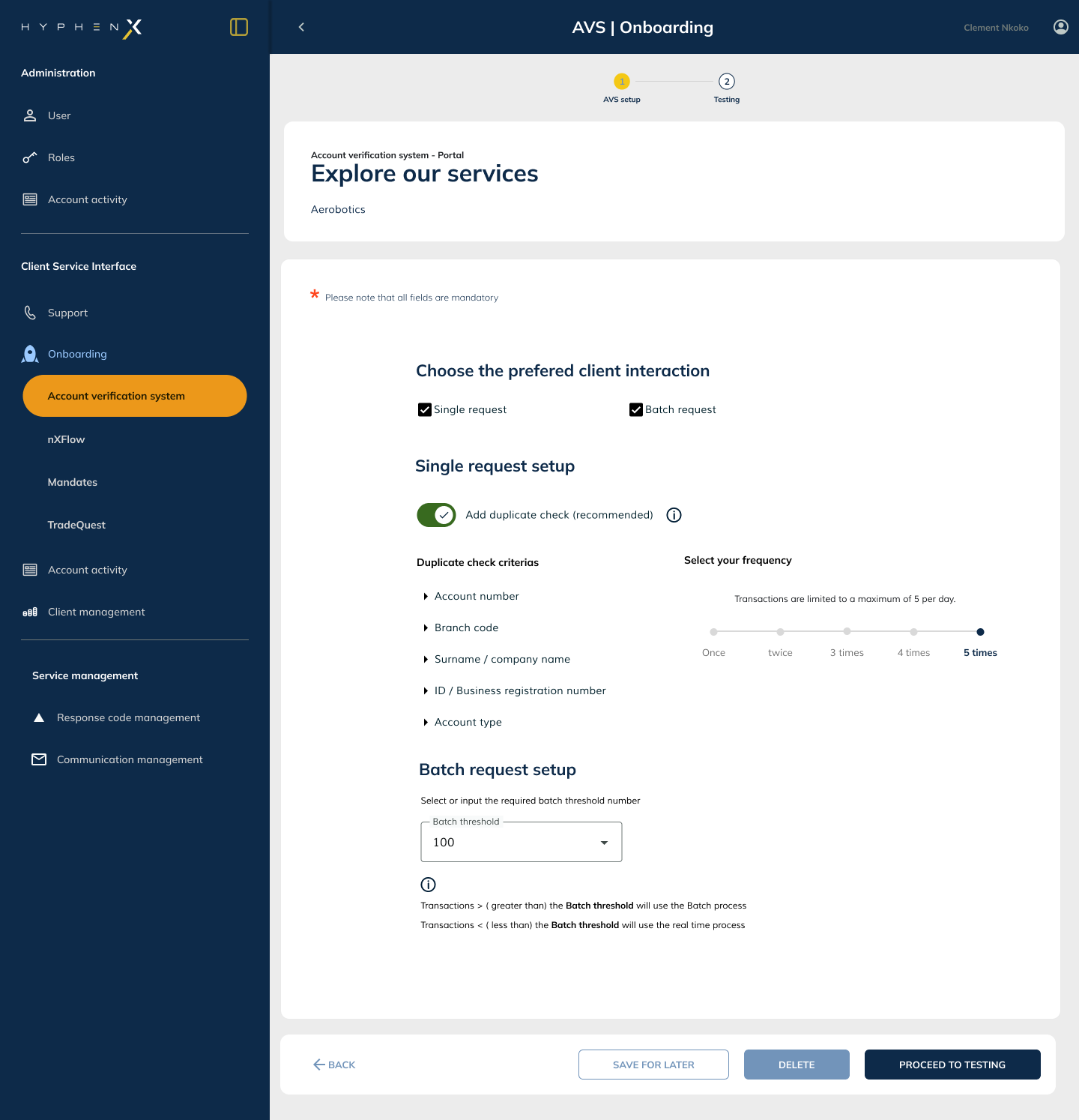 AVS landing page within HyphenX showing client configuration options for single and batch requests