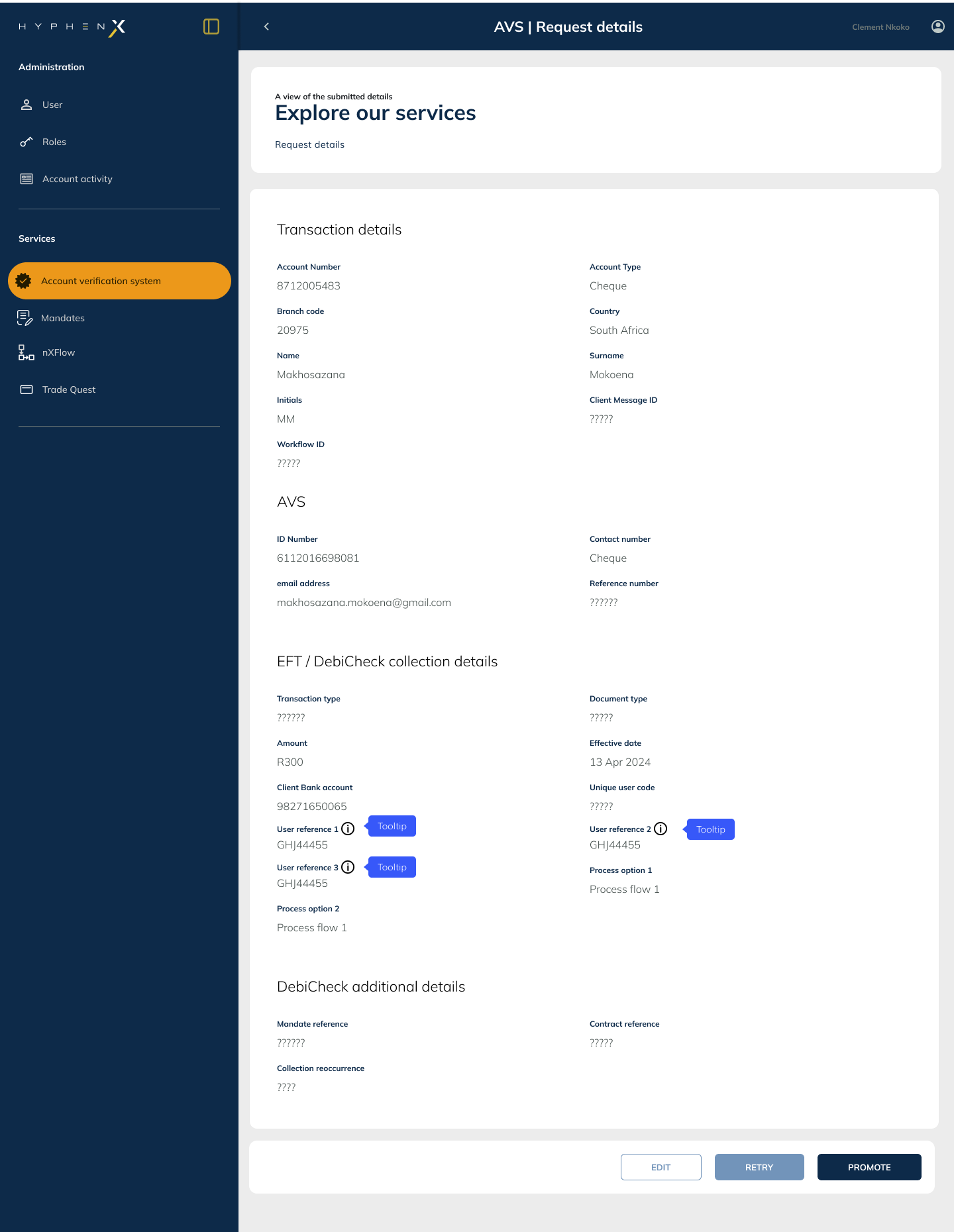 AVS request details view within the HyphenX platform