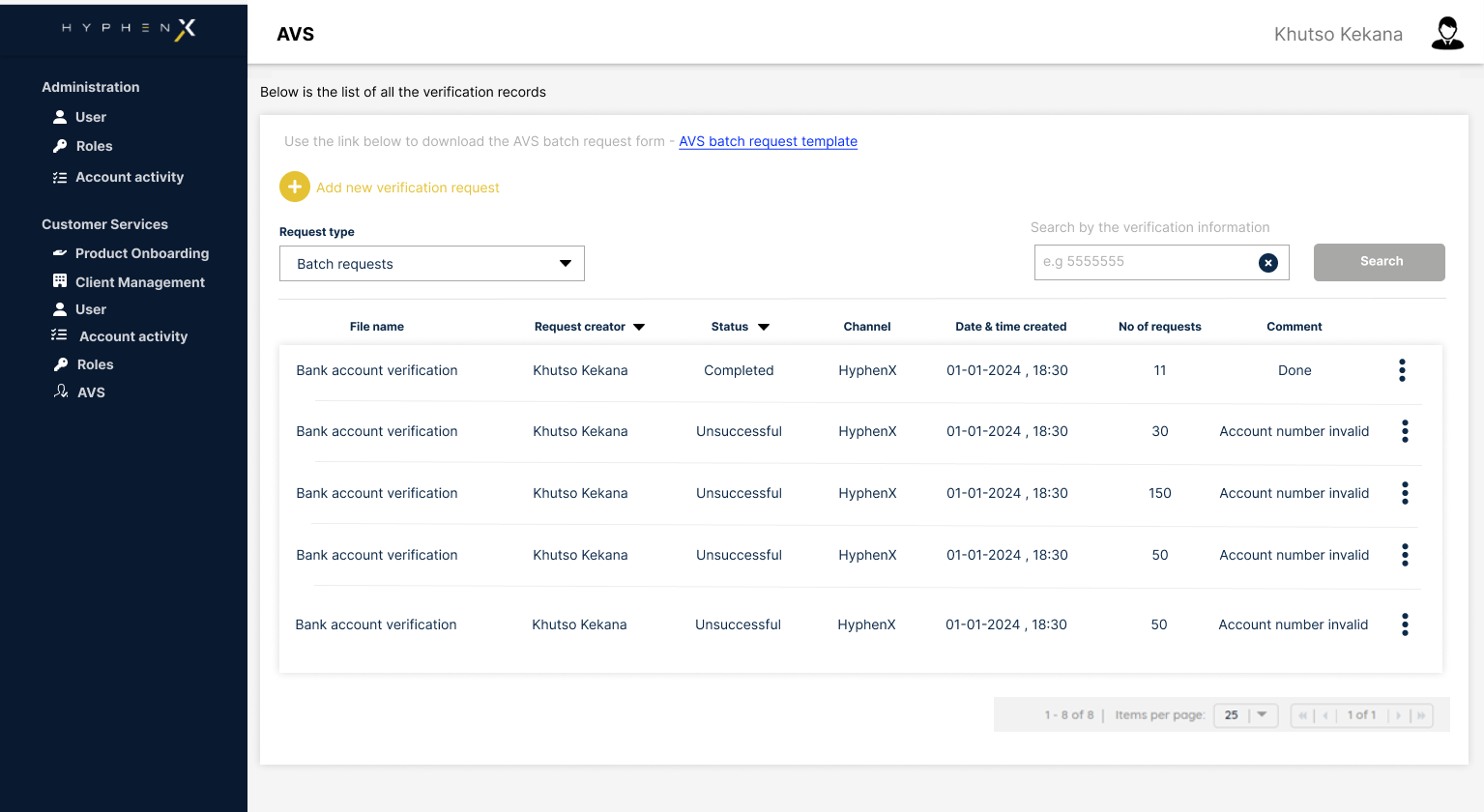 Original AVS batch requests view in standalone light-mode interface