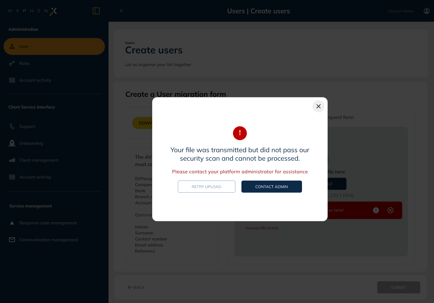Batch Upload partial success state - security scan failed modal