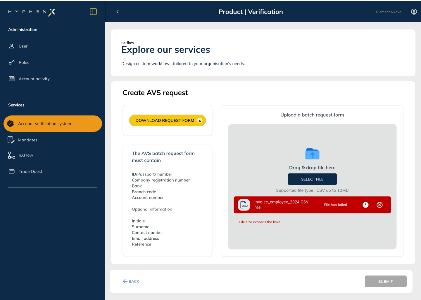 Batch Upload showing file validation error state