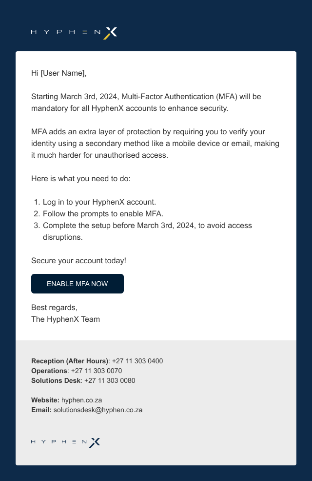 HyphenX email template component showing logo header, content area, CTA button, and branded footer