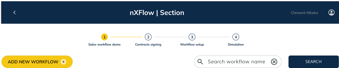 nXFlow top header with four-step progress stepper