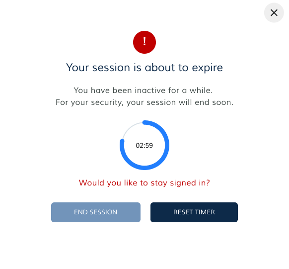 HyphenX session timeout modal with countdown timer and two action buttons