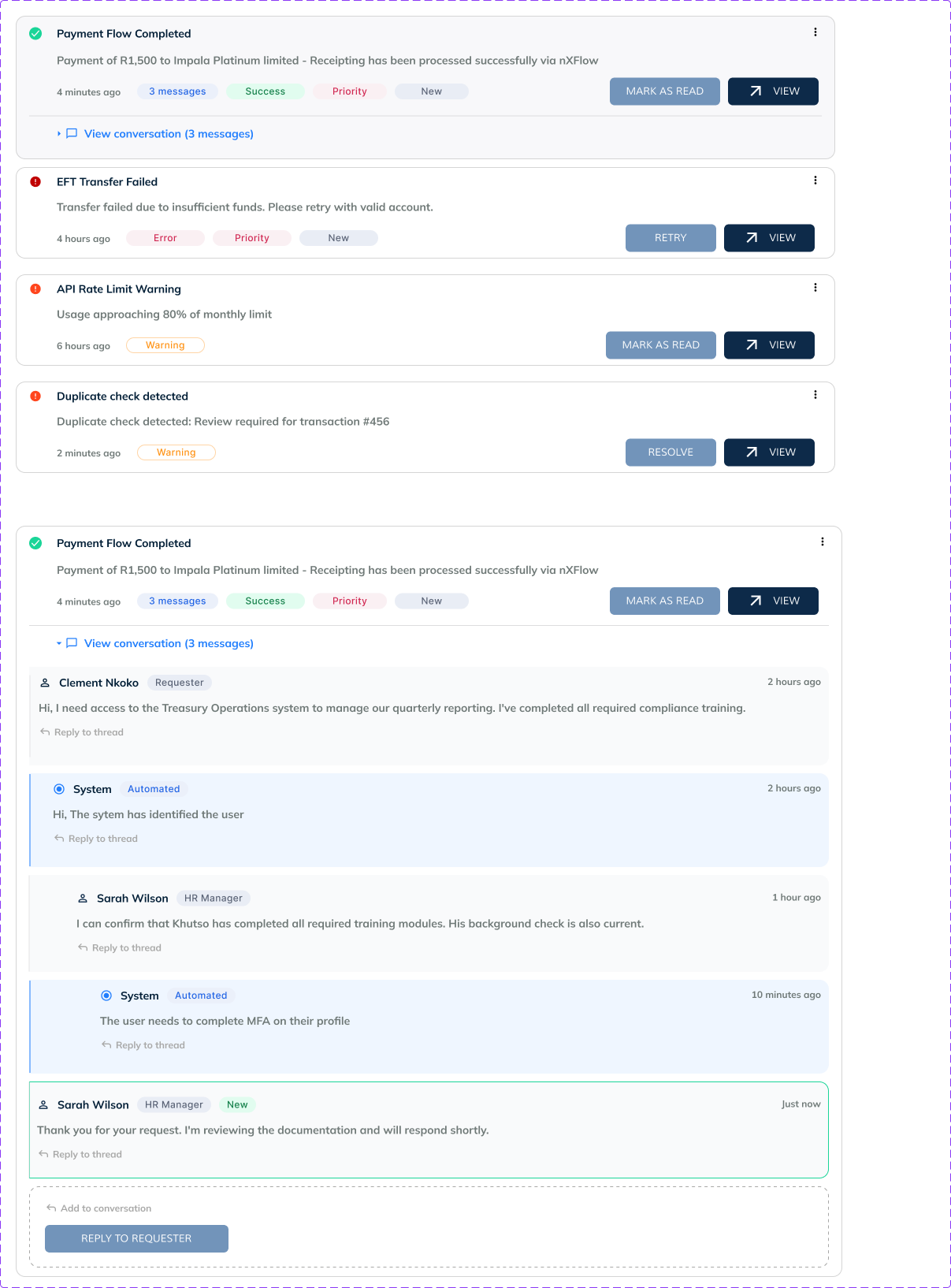HyphenX notification cards showing payment completed, transfer failed, API warning, and duplicate check events with light and dark variants