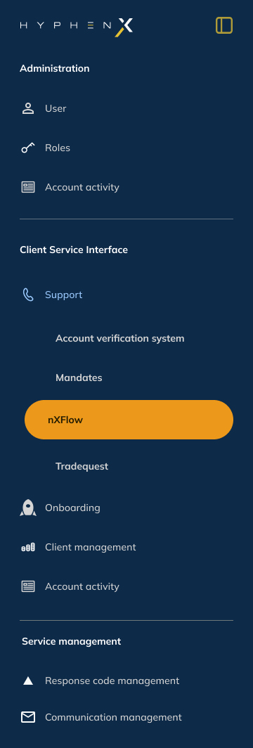 HyphenX side navigation expanded state with product sections