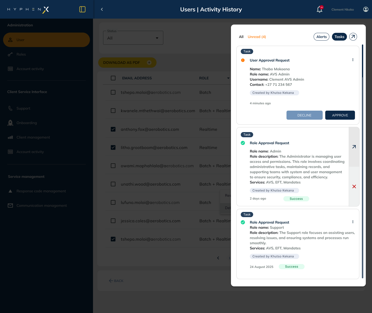 Admin approval panel showing user list and approval detail pane with approve and decline actions