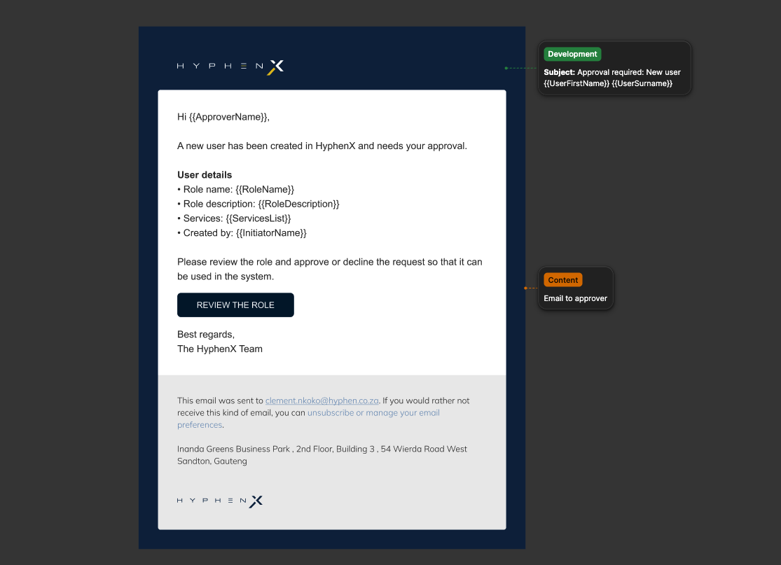 Email notification template for admin approval requests