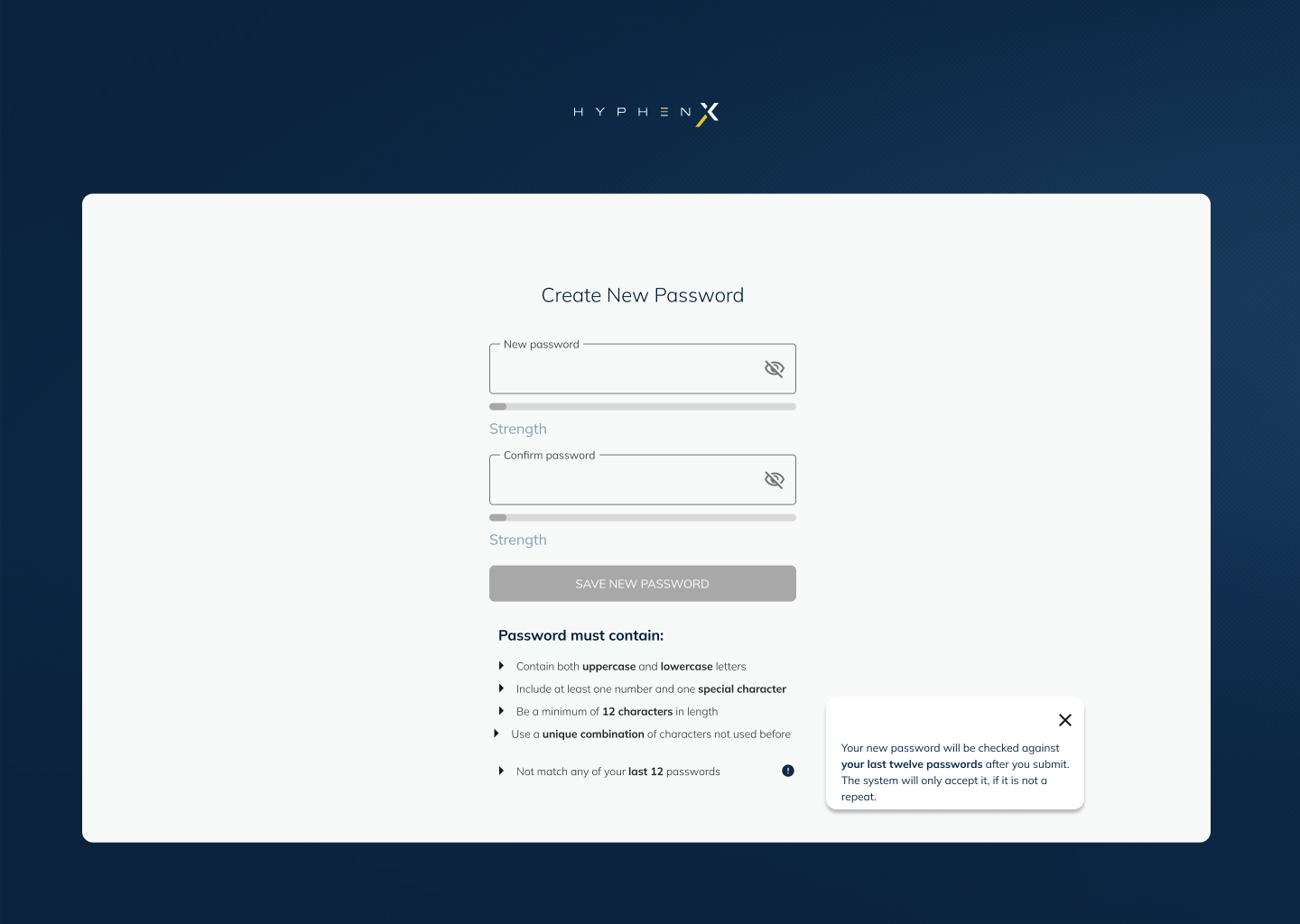 Create new password screen with empty fields and requirements checklist