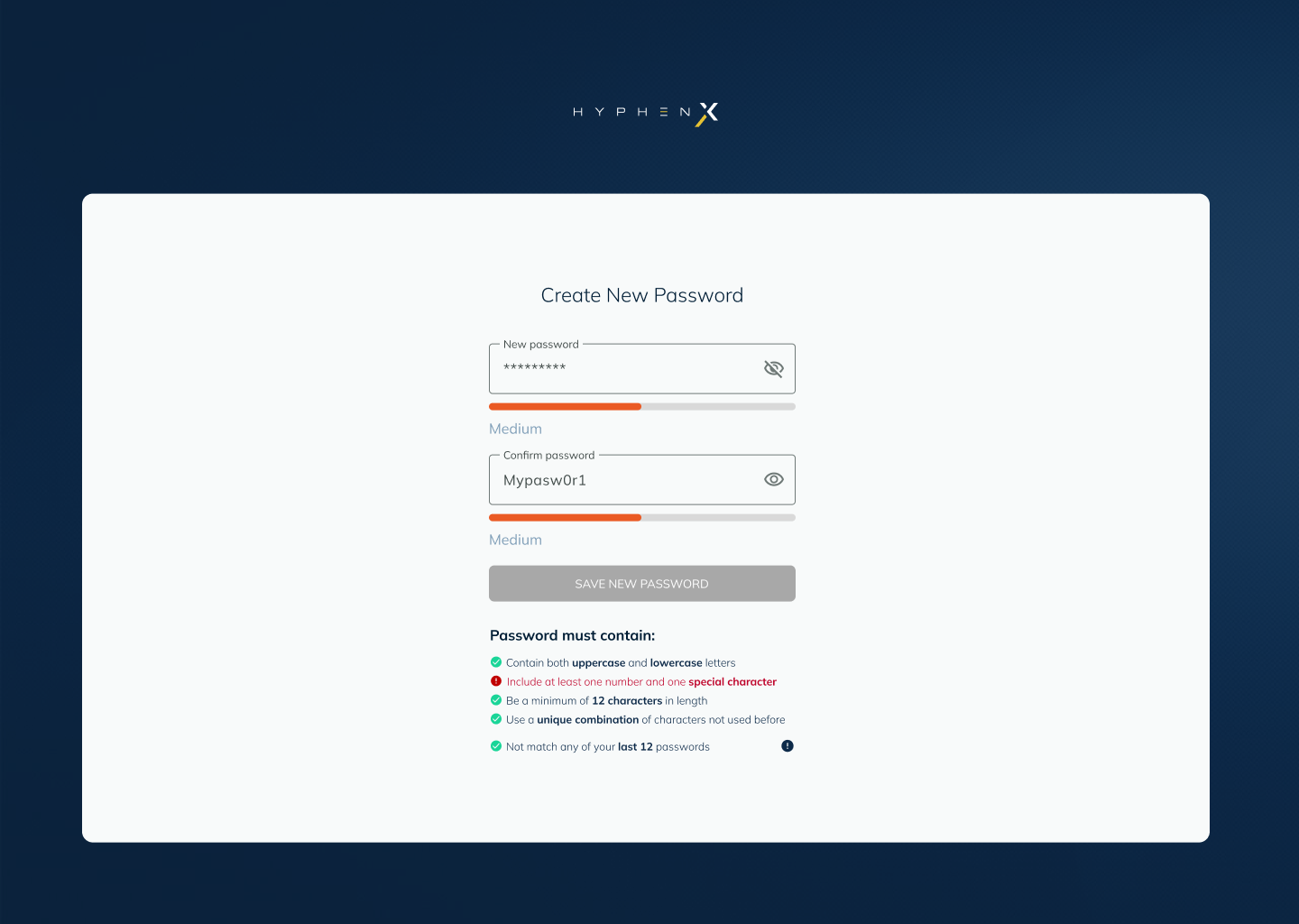 Create new password with medium strength password, orange metre and partial requirements met