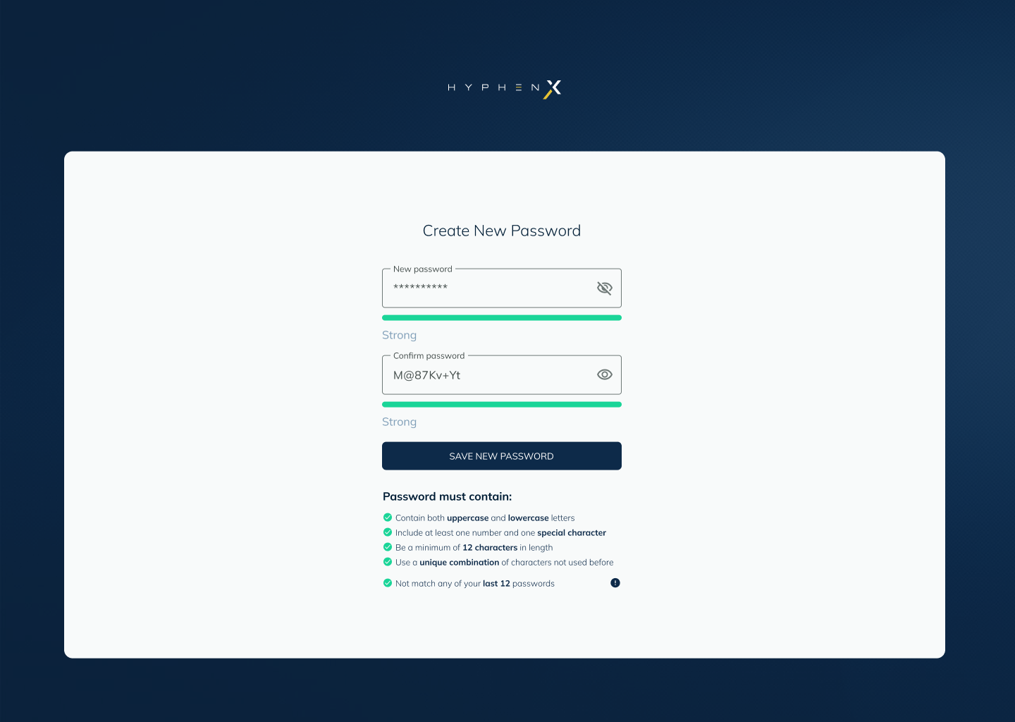 Password reset flow with password strength metre at strong state