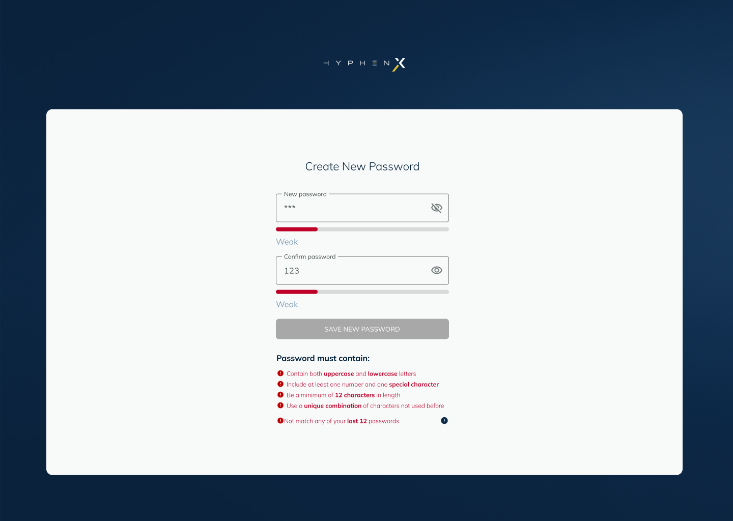 Create new password with weak password entered, red strength metre