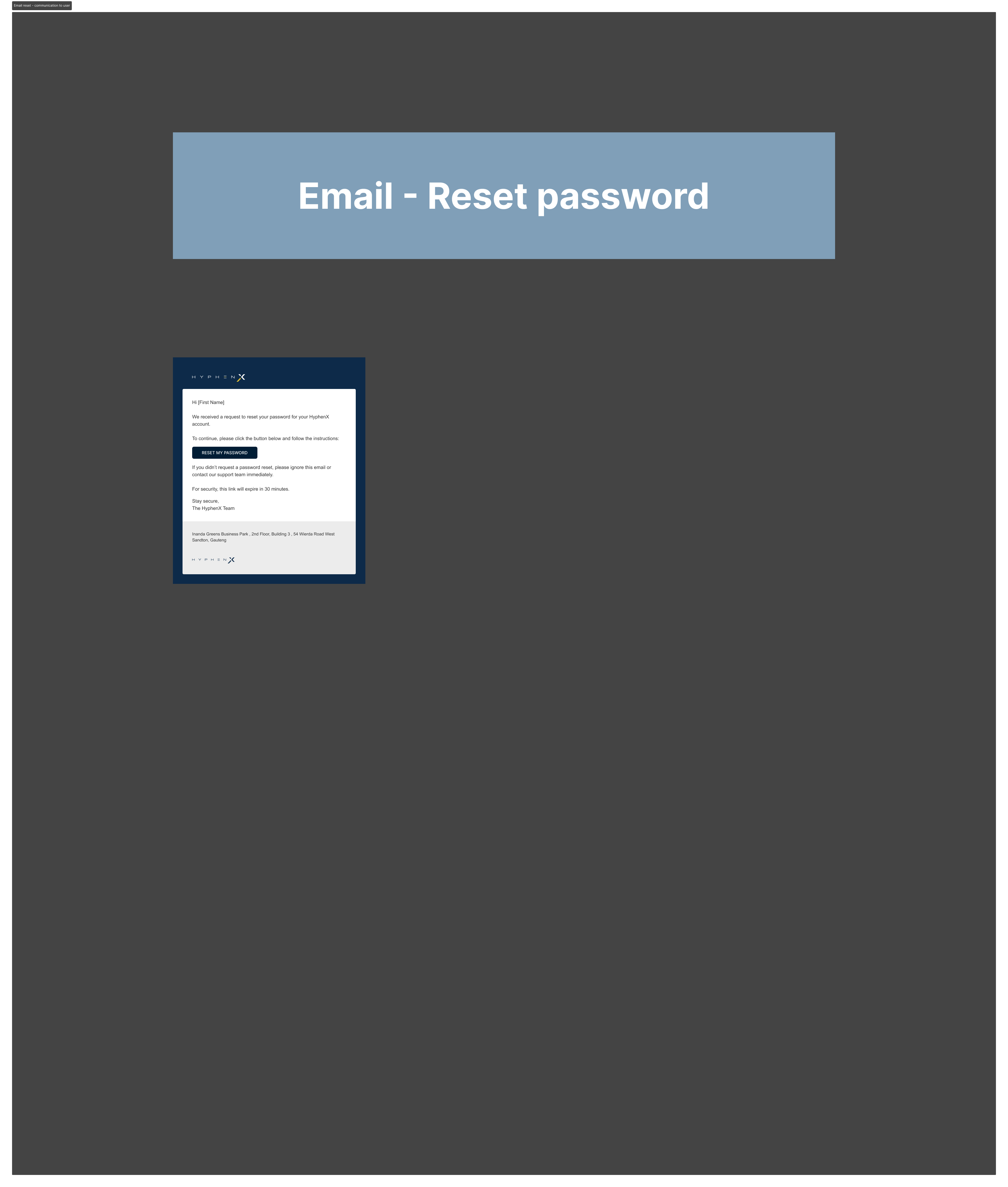 HyphenX reset password email template with logo, reset my password CTA, and branded footer