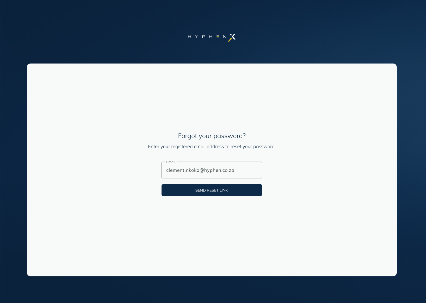 Forgot password screen with email filled in and send reset link button enabled
