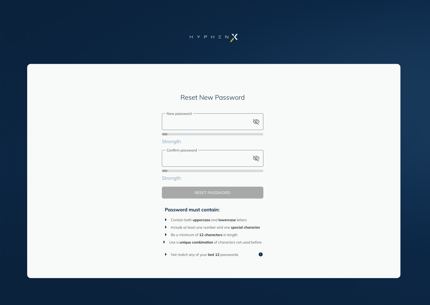 Reset new password screen with same layout as create new password including strength metre and requirements checklist